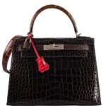 Hermès HSS 2021 Kelly 28 Sellier Macassar/Ebene/Miel/Extreme Rose Shiny Alligator Mississippiensis Palladium Hardware Luxury replica handbags