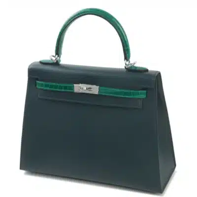 Hermès 2023 Kelly 25 Vert Emeraude and Vert Cypress Madame & Shiny Niloticus Crocodile Palladium Hardware Lushentic Replica