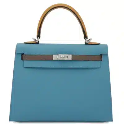 Hermès 2024 Kelly 25 Sellier Ecorce/Sesame/New Bleu Jean Epsom Palladium Hardware Replica Designer Bags