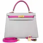 Hermès HSS Kelly 25 Sellier Bi-Color Gris Mouette and Magnolia Epsom Brushed Gold Hardware Replica Quality