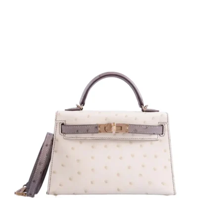 Hermès HSS Mini Kelly 20 Sellier Parchment and Etoupe Ostrich Champagne Hardware Replica luxury handbag