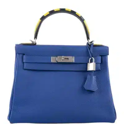 Hermès Limited Edition Kelly 28 Retourne Blue Electric, Yellow and Black Togo Au Galop Palladium Hardware Lushentic Grade Bags