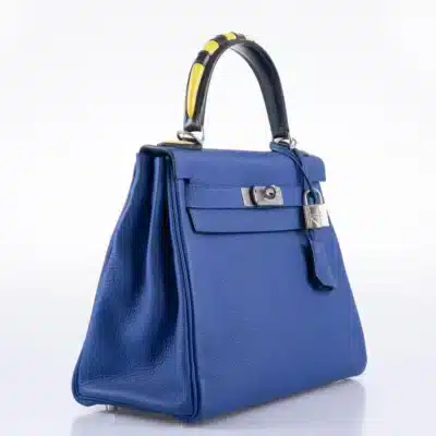 Hermès Limited Edition Kelly 28 Retourne Blue Electric, Yellow and Black Togo Au Galop Palladium Hardware Lushentic Grade Bags