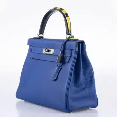 Hermès Limited Edition Kelly 28 Retourne Blue Electric, Yellow and Black Togo Au Galop Palladium Hardware Lushentic Grade Bags