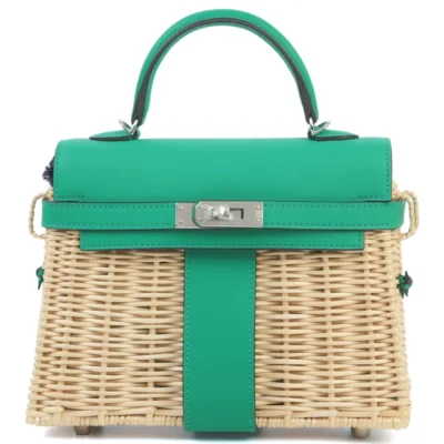 Hermès Limited Edition 2023 Mini Kelly Picnic Vert Verone Swift & Osier Wicker Palladium Hardware handbag dupes