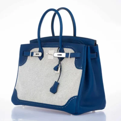 Hermès Limited Edition Birkin 35 Ghillies Bleu Saphir Swift & Toile Palladium Hardware Replica Quality