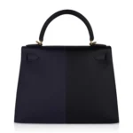 Hermes Limited Edition Kelly 28 Sellier Casaque Black and Bleu Indigo Epsom Gold Hardware Lushentic Replica