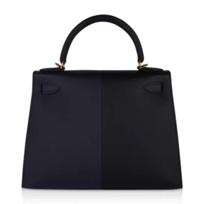 Hermes Limited Edition Kelly 28 Sellier Casaque Black and Bleu Indigo Epsom Gold Hardware Lushentic Replica