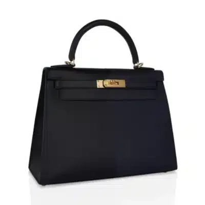 Hermes Limited Edition Kelly 28 Sellier Casaque Black and Bleu Indigo Epsom Gold Hardware Lushentic Replica