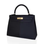 Hermes Limited Edition Kelly 28 Sellier Casaque Black and Bleu Indigo Epsom Gold Hardware Lushentic Replica