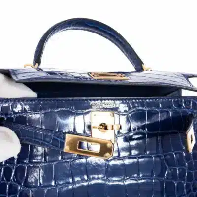 Hermès Mini Kelly 20 II Sellier Blue Sapphire Shiny Alligator Mississippiensis Gold Hardware Lushentic inspired bags