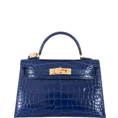 Hermès Mini Kelly 20 II Sellier Blue Sapphire Shiny Alligator Mississippiensis Gold Hardware Lushentic inspired bags