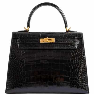 Hermès Rare Collectible 2019 Kelly 25 Sellier Black Shiny Alligator Mississippiensis Brushed Gold Hardware Replica luxury handbag