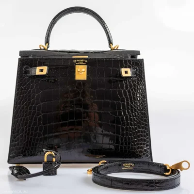 Hermès Rare Collectible 2019 Kelly 25 Sellier Black Shiny Alligator Mississippiensis Brushed Gold Hardware Replica luxury handbag