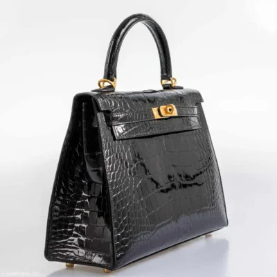 Hermès Rare Collectible 2019 Kelly 25 Sellier Black Shiny Alligator Mississippiensis Brushed Gold Hardware Replica luxury handbag