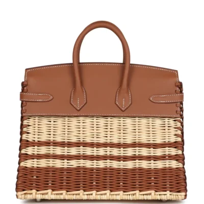 Hermès Rare Collectible Birkin 25 Gold Swift and Stripe Wicker Picnic Palladium Hardware Lushentic replica handbags