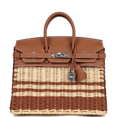 Hermès Rare Collectible Birkin 25 Gold Swift and Stripe Wicker Picnic Palladium Hardware Lushentic replica handbags