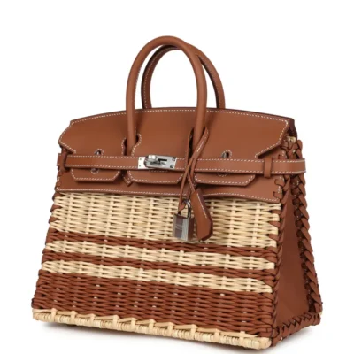 Hermès Rare Collectible Birkin 25 Gold Swift and Stripe Wicker Picnic Palladium Hardware Lushentic replica handbags