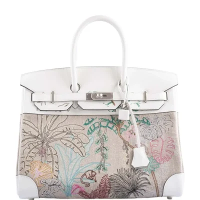 Hermès Rare Collectible Birkin 35 Faubourg Tropical White Embroidered Toile de Camp & Swift Palladium Hardware Luxury replica handbag