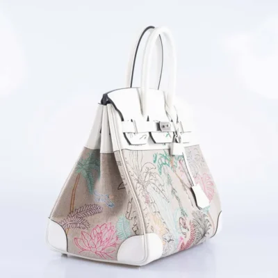 Hermès Rare Collectible Birkin 35 Faubourg Tropical White Embroidered Toile de Camp & Swift Palladium Hardware Luxury replica handbag