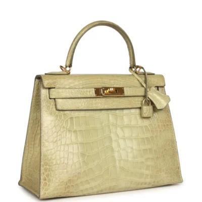 Hermès Rare Collectible Kelly 28 Vert Celadon Natura Shiny Alligator Mississippiensis Gold Hardware Quality Replica