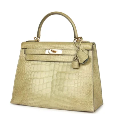 Hermès Rare Collectible Kelly 28 Vert Celadon Natura Shiny Alligator Mississippiensis Gold Hardware Quality Replica