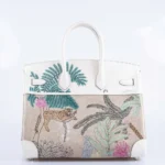 Hermès Rare Collectible Birkin 35 Faubourg Tropical White Embroidered Toile de Camp & Swift Palladium Hardware Luxury replica handbag