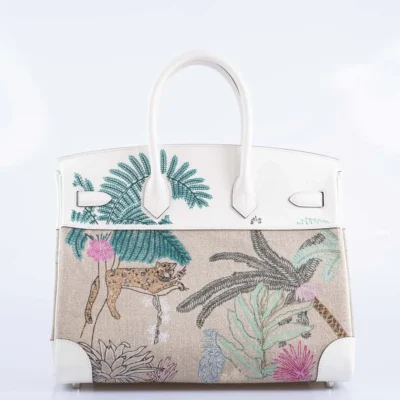 Hermès Rare Collectible Birkin 35 Faubourg Tropical White Embroidered Toile de Camp & Swift Palladium Hardware Luxury replica handbag