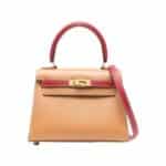 Hermès Vintage 1994 Mini Kelly 20 Beige and Wine Red Courchevel Gold Hardware Lushentic Replica