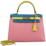 Hermès 2019 Kelly 28 Sellier Tri-Color Confetti/Lime/Aztec Chevre Brushed Gold Hardware Luxury replica handbags