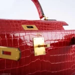 Hermès 2020 Kelly 28 Sellier Braise Shiny Porosus Crocodile Gold Hardware Lushentic replica handbags