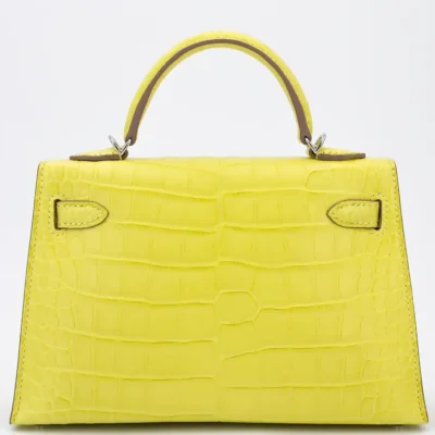 Hermès 2023 Mini Kelly II Lime Matte Alligator Mississippiensis Palladium Hardware Handmade replica bags