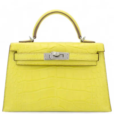 Hermès 2023 Mini Kelly II Lime Matte Alligator Mississippiensis Palladium Hardware Handmade replica bags