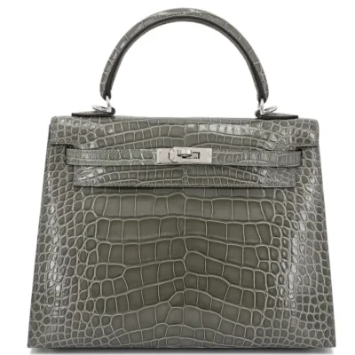 Hermès 2024 Kelly 25 Sellier Gris Ciment Shiny Alligator Mississippiensis Palladium Hardware Quality Replica