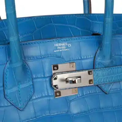 Hermès Birkin 30 Bleu Mykonos Matte Alligator logo