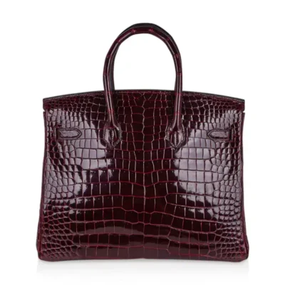 Hermès Rare Collectible Birkin 35 Bordeaux Shiny Porosus Crocodile Diamond Encrusted 18k White Gold Hardware Lushentic replica handbags