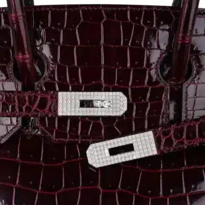 Hermès Rare Collectible Birkin 35 Bordeaux Shiny Porosus Crocodile Diamond Encrusted 18k White Gold Hardware Lushentic replica handbags