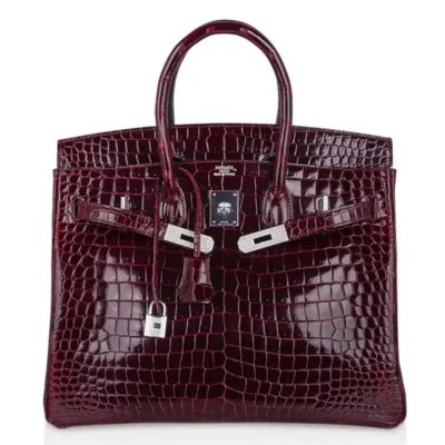 Hermès Rare Collectible Birkin 35 Bordeaux Shiny Porosus Crocodile Diamond Encrusted 18k White Gold Hardware Lushentic replica handbags