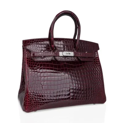 Hermès Rare Collectible Birkin 35 Bordeaux Shiny Porosus Crocodile Diamond Encrusted 18k White Gold Hardware Lushentic replica handbags