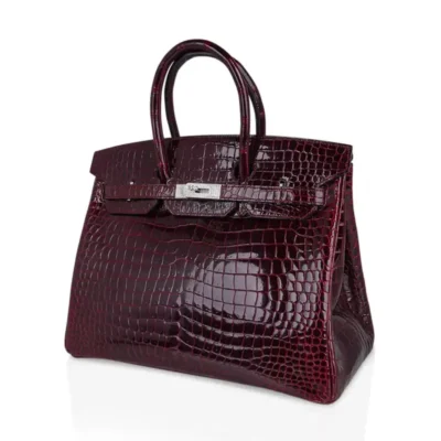 Hermès Rare Collectible Birkin 35 Bordeaux Shiny Porosus Crocodile Diamond Encrusted 18k White Gold Hardware Lushentic replica handbags