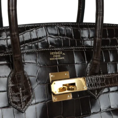 Hermès Birkin 35 Graphite Shiny Porosus Crocodile Gold Hardware Lushentic Grade Bags