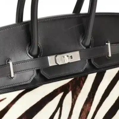 Hermès Birkin 35cm Black Box Calfskin & Zebra Print Calfskin Pony Fur Brushed Palladium Hardware