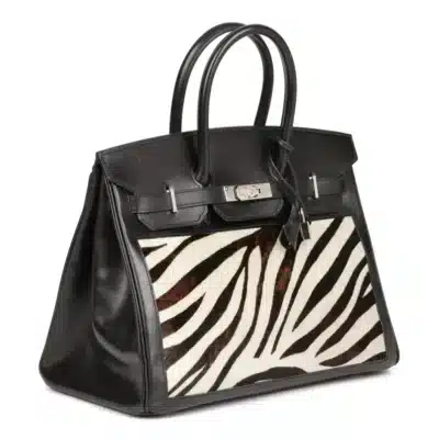 Hermès Birkin 35cm Black Box Calfskin & Zebra Print Calfskin Pony Fur Brushed Palladium Hardware