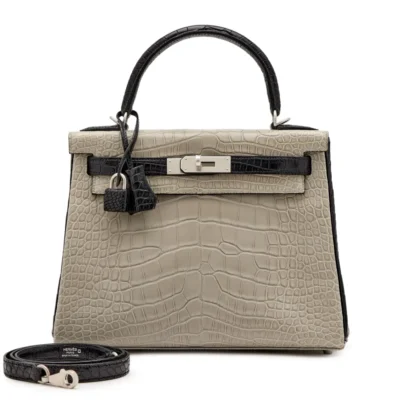 Hermès HSS 2020 Kelly 28 Gris Perle and Black Matte Alligator Mississippiensis Palladium Hardware luxury bags