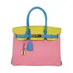 Hermès HSS Birkin 30 Tri-Color Rose Confetti/Bue Aztec/Soufre Chevre Gold Hardware