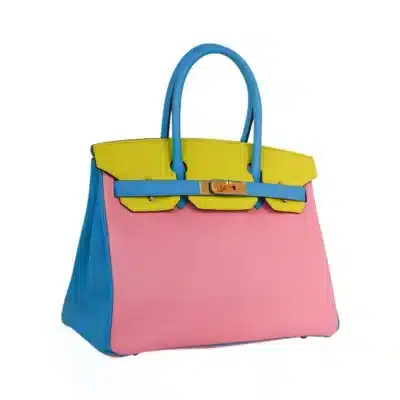 Hermès HSS Birkin 30 Tri-Color Rose Confetti/Bue Aztec/Soufre Chevre Gold Hardware