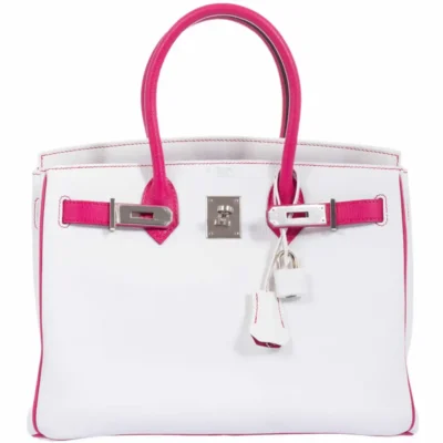 Hermès HSS Birkin 30 White and Fuchsia Chevre Palladium Hardware  replica bags