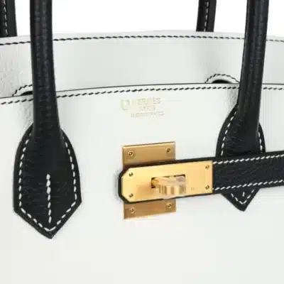 Hermès HSS Birkin 30 White and Black Clemence logo1