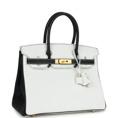 Hermès HSS Birkin 30 White and Black Clemence Brushed Gold Hardware