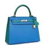 Hermès HSS Kelly 25 Sellier Bleu Hydra and Bleu Paon Chevre Mysore Gold Hardware Luxury replica handbags